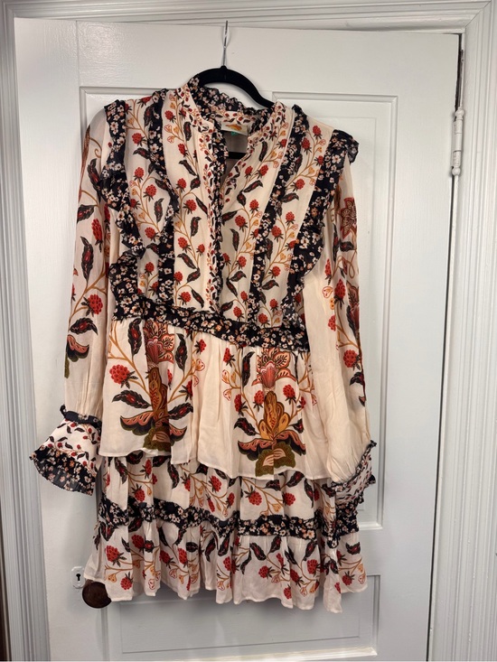 FARM Rio Dresses & Skirts - FARM Rio Cream Floral Tiered Long Sleeve Dress with Black Trim
